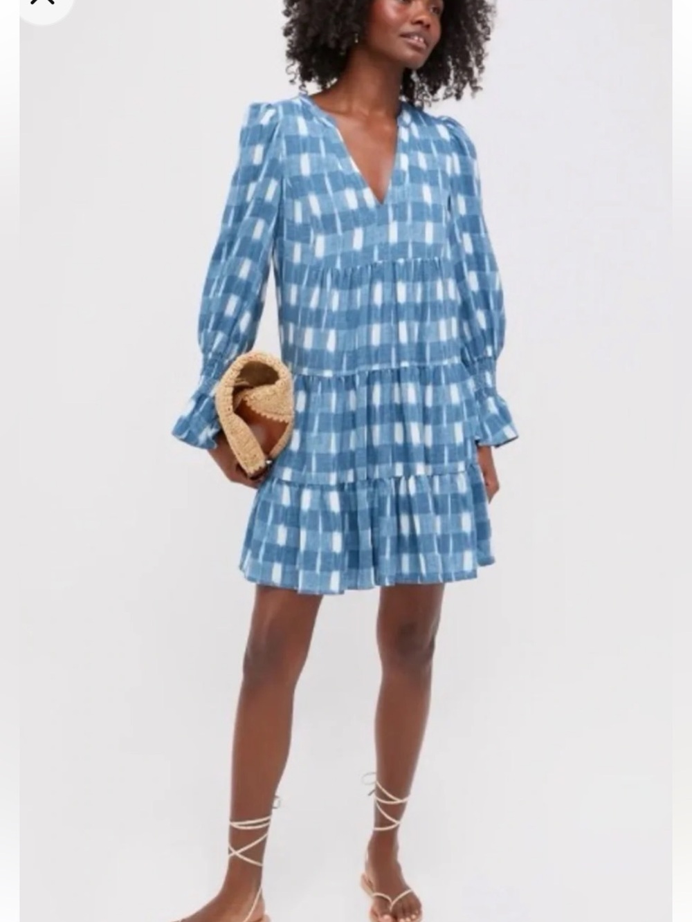 Pomander Place-Tuckernuck Ikat Kenzo Blue Checked Tiered Mini Dress